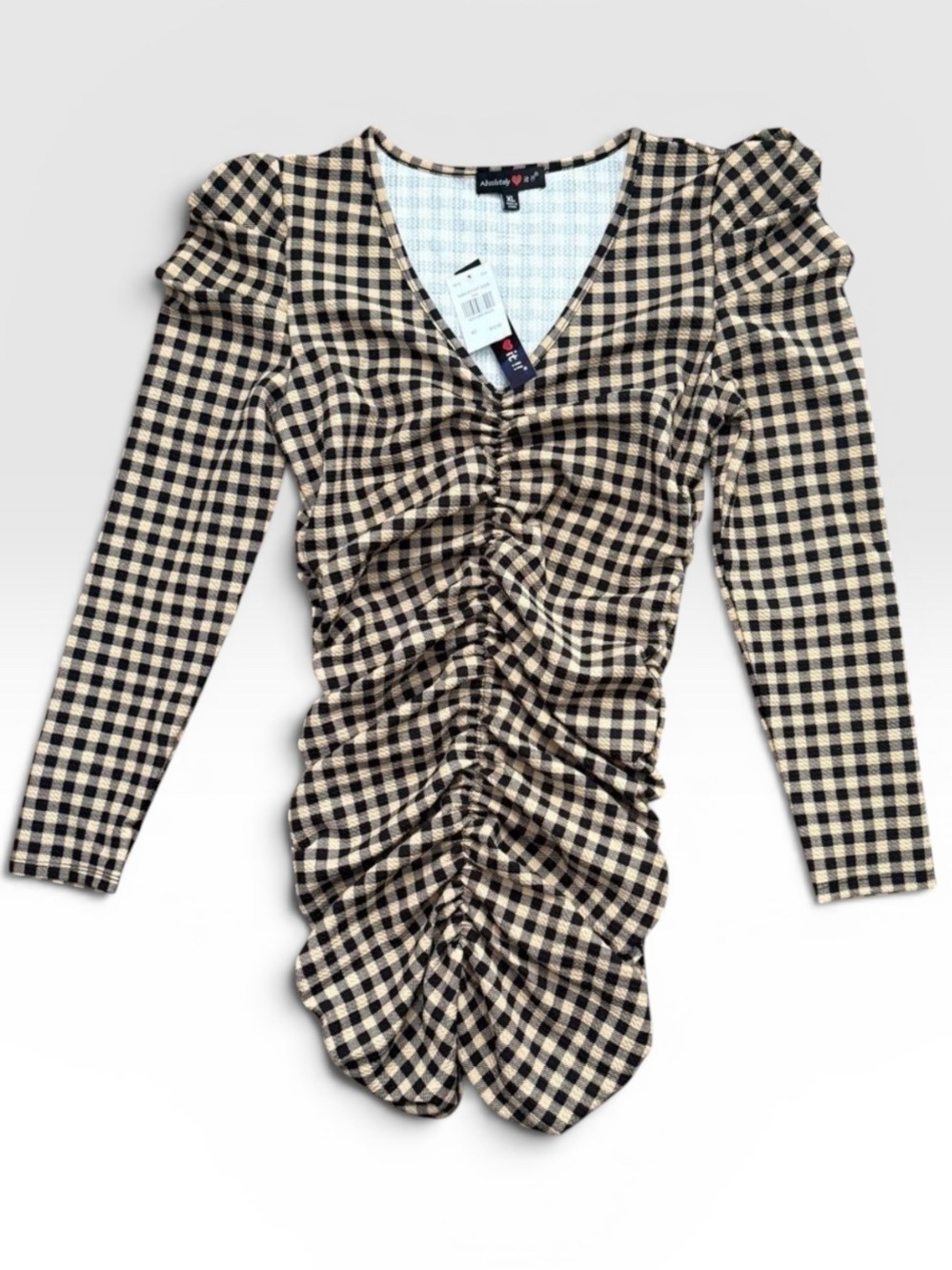 Absolutely It NWT Checkered Ruched Bodycon Mini Dress Tan Black Puff Sleeve XL